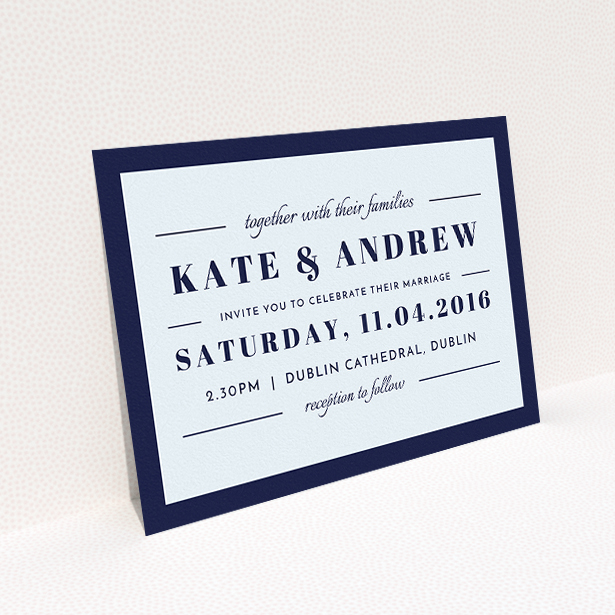 A personalised wedding invite named "Lines with a thick border". It is an A5 invite in a landscape orientation. "Lines with a thick border" is available as a flat invite, with mainly blue colouring.