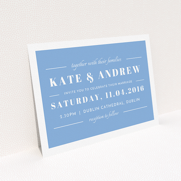 A personalised wedding invite design titled "Lines with a thick border". It is an A5 invite in a landscape orientation. "Lines with a thick border" is available as a flat invite, with tones of blue and white.