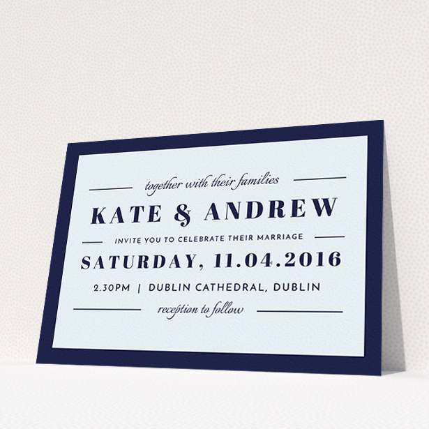 A personalised wedding invite named "Lines with a thick border". It is an A5 invite in a landscape orientation. "Lines with a thick border" is available as a flat invite, with mainly blue colouring.