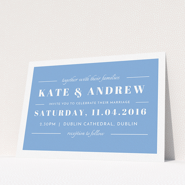 A personalised wedding invite design titled "Lines with a thick border". It is an A5 invite in a landscape orientation. "Lines with a thick border" is available as a flat invite, with tones of blue and white.