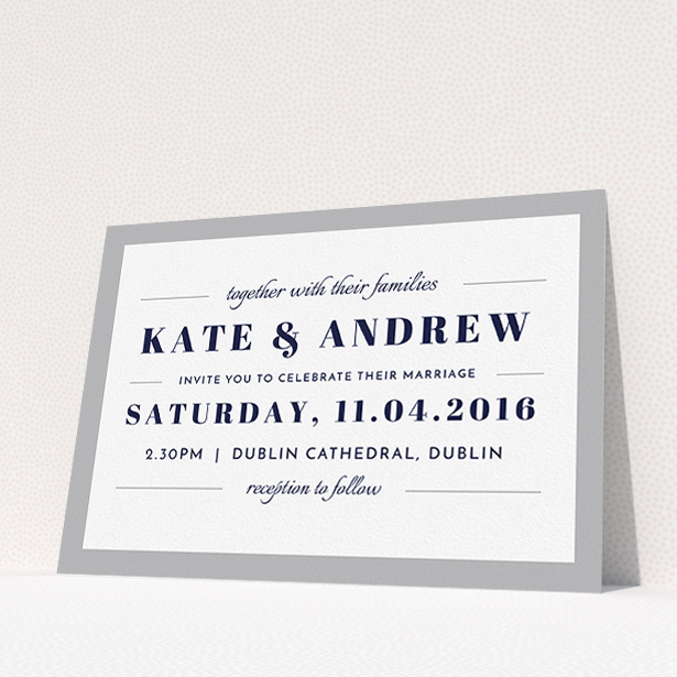 A personalised wedding invite template titled "Lines with a thick border". It is an A5 invite in a landscape orientation. "Lines with a thick border" is available as a flat invite, with tones of grey and white.