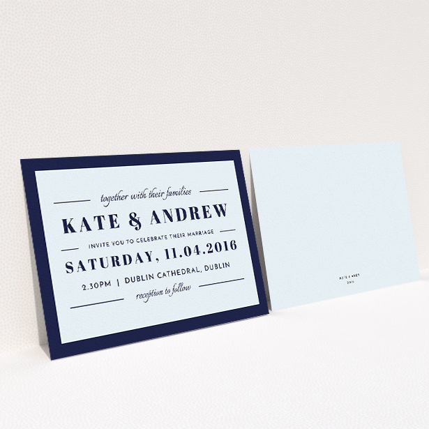 A personalised wedding invite named "Lines with a thick border". It is an A5 invite in a landscape orientation. "Lines with a thick border" is available as a flat invite, with mainly blue colouring.