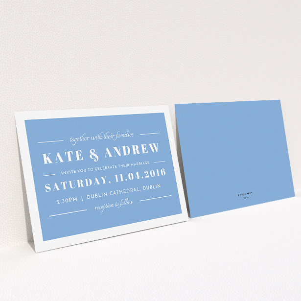 A personalised wedding invite design titled "Lines with a thick border". It is an A5 invite in a landscape orientation. "Lines with a thick border" is available as a flat invite, with tones of blue and white.