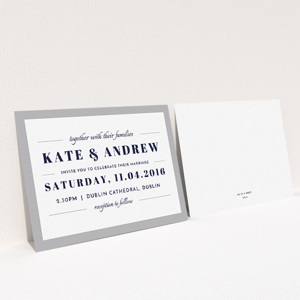 A personalised wedding invite template titled "Lines with a thick border". It is an A5 invite in a landscape orientation. "Lines with a thick border" is available as a flat invite, with tones of grey and white.