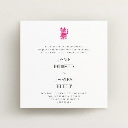 A personalised wedding invite design named "Lucky cat". It is a square (148mm x 148mm) invite in a square orientation. "Lucky cat" is available as a flat invite, with tones of white and pink.