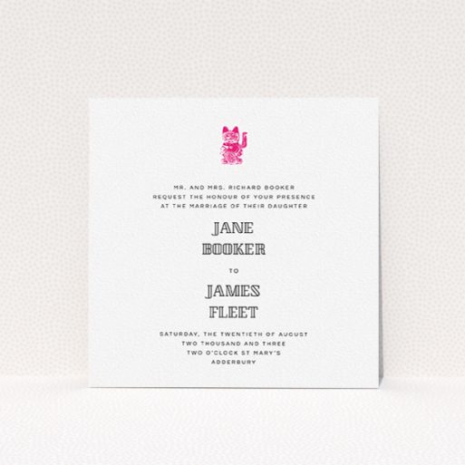 A personalised wedding invite design named "Lucky cat". It is a square (148mm x 148mm) invite in a square orientation. "Lucky cat" is available as a flat invite, with tones of white and pink.