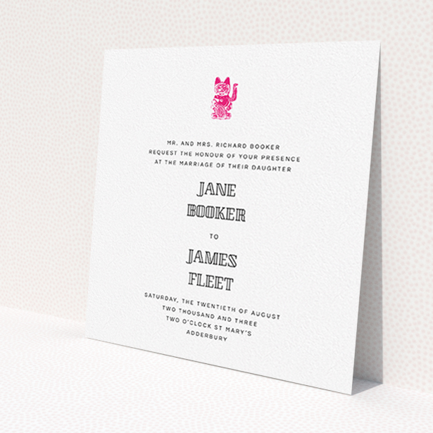A personalised wedding invite design named 'Lucky cat'. It is a square (148mm x 148mm) invite in a square orientation. 'Lucky cat' is available as a flat invite, with tones of white and pink.