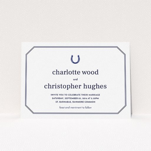 A personalised wedding invite design called "Lucky horse shoe". It is an A5 invite in a landscape orientation. "Lucky horse shoe" is available as a flat invite, with tones of navy blue and white.