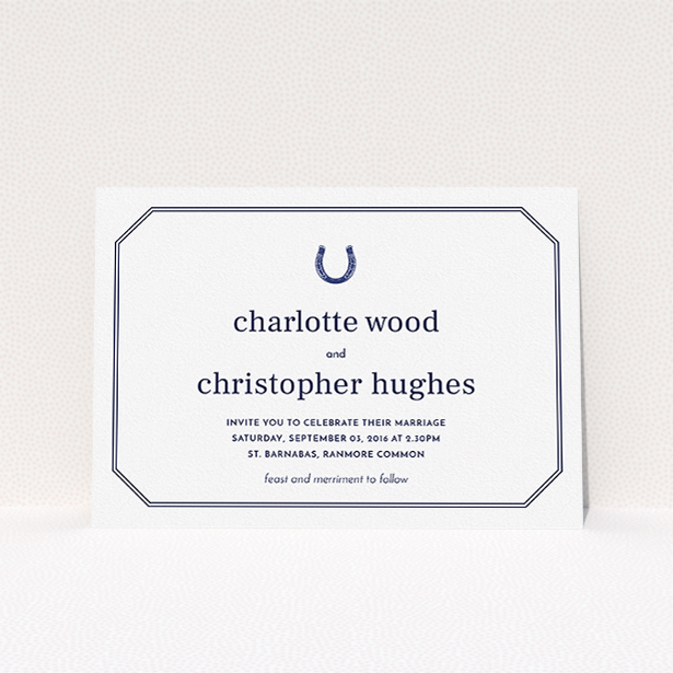 A personalised wedding invite design called "Lucky horse shoe". It is an A5 invite in a landscape orientation. "Lucky horse shoe" is available as a flat invite, with tones of navy blue and white.