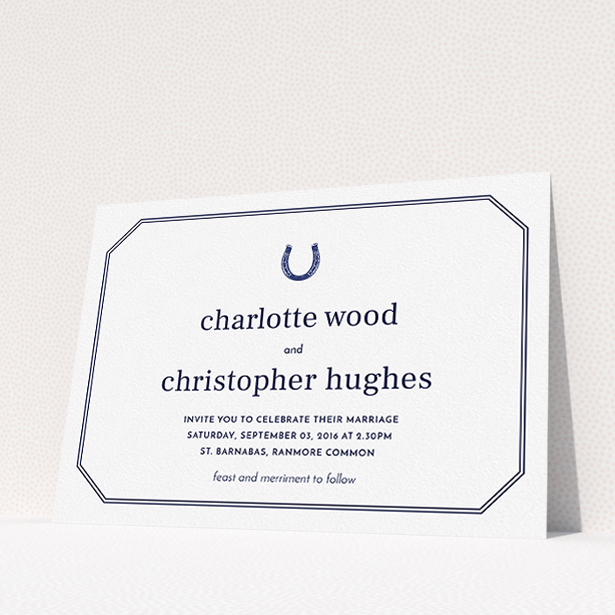 A personalised wedding invite design called "Lucky horse shoe". It is an A5 invite in a landscape orientation. "Lucky horse shoe" is available as a flat invite, with tones of navy blue and white.