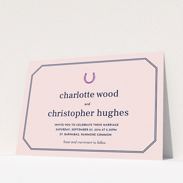 A personalised wedding invite template titled "Lucky horse shoe". It is an A5 invite in a landscape orientation. "Lucky horse shoe" is available as a flat invite, with mainly pink colouring.