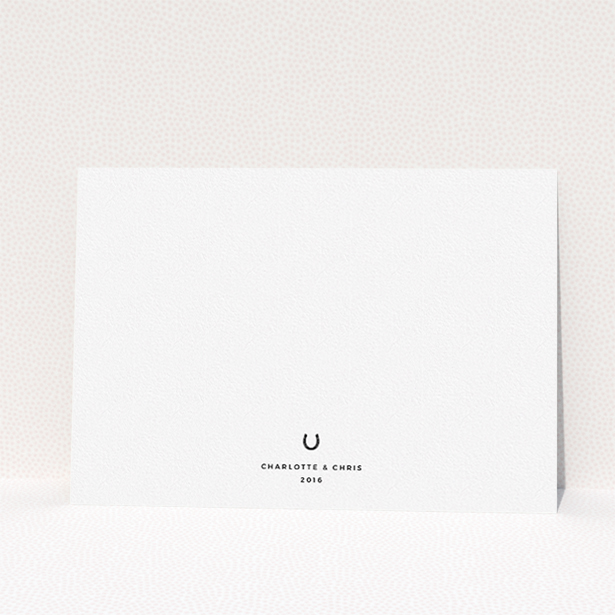 A personalised wedding invite design called "Lucky horse shoe". It is an A5 invite in a landscape orientation. "Lucky horse shoe" is available as a flat invite, with tones of navy blue and white.