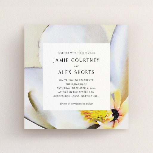 A personalised wedding invite design called "Magnolia Frame". It is a square (148mm x 148mm) invite in a square orientation. "Magnolia Frame" is available as a flat invite, with tones of cream and yellow.