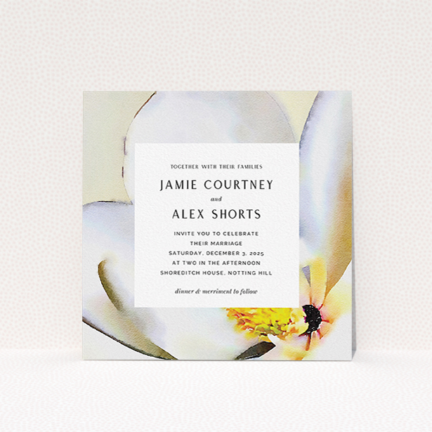 A personalised wedding invite design called "Magnolia Frame". It is a square (148mm x 148mm) invite in a square orientation. "Magnolia Frame" is available as a flat invite, with tones of cream and yellow.