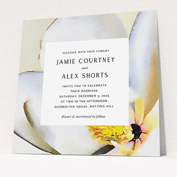 A personalised wedding invite design called "Magnolia Frame". It is a square (148mm x 148mm) invite in a square orientation. "Magnolia Frame" is available as a flat invite, with tones of cream and yellow.
