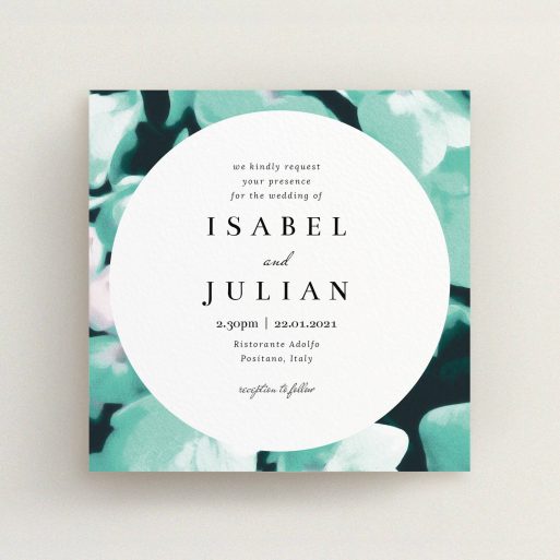 A personalised wedding invite design titled "Mint Night Garden". It is a square (148mm x 148mm) invite in a square orientation. "Mint Night Garden" is available as a flat invite, with tones of green, blue and midnight green.