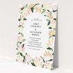 A personalised wedding invite design named "Modern Floral". It is an A5 invite in a portrait orientation. "Modern Floral" is available as a flat invite, with tones of cream, yellow and light green.