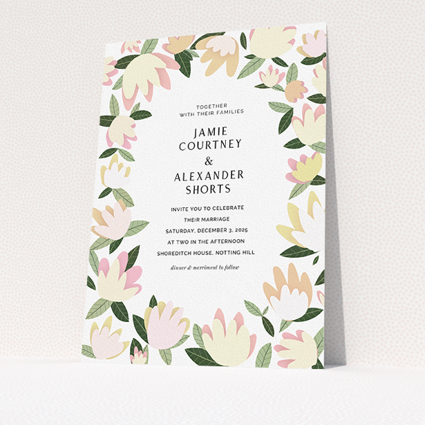 A personalised wedding invite design named "Modern Floral". It is an A5 invite in a portrait orientation. "Modern Floral" is available as a flat invite, with tones of cream, yellow and light green.