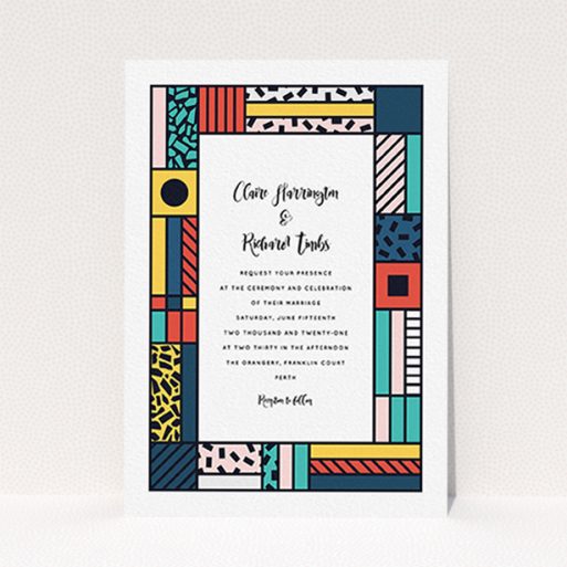 A personalised wedding invite design called "Mondrian-esque". It is an A6 invite in a portrait orientation. "Mondrian-esque" is available as a flat invite, with tones of white and pink.