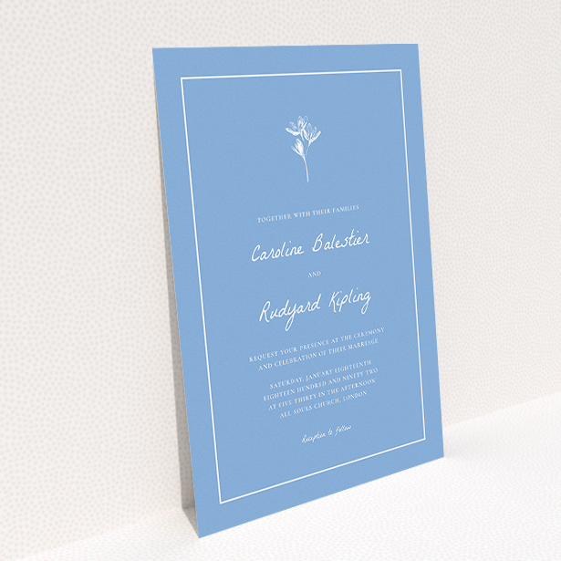 A personalised wedding invite design named "My little daisy". It is an A5 invite in a portrait orientation. "My little daisy" is available as a flat invite, with tones of blue and white.