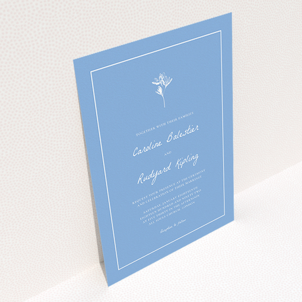 A personalised wedding invite design named "My little daisy". It is an A5 invite in a portrait orientation. "My little daisy" is available as a flat invite, with tones of blue and white.