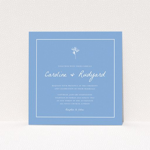 A personalised wedding invite template titled "My little daisy". It is a square (148mm x 148mm) invite in a square orientation. "My little daisy" is available as a flat invite, with tones of blue and white.