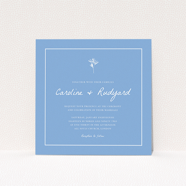 A personalised wedding invite template titled "My little daisy". It is a square (148mm x 148mm) invite in a square orientation. "My little daisy" is available as a flat invite, with tones of blue and white.