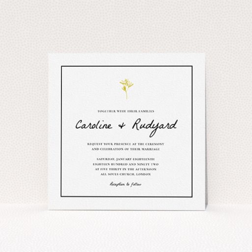 A personalised wedding invite called "My little daisy". It is a square (148mm x 148mm) invite in a square orientation. "My little daisy" is available as a flat invite, with tones of white and gold.