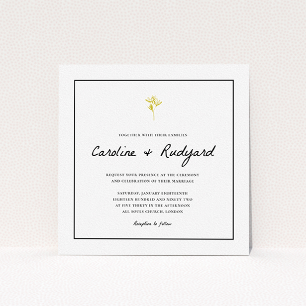 A personalised wedding invite called "My little daisy". It is a square (148mm x 148mm) invite in a square orientation. "My little daisy" is available as a flat invite, with tones of white and gold.