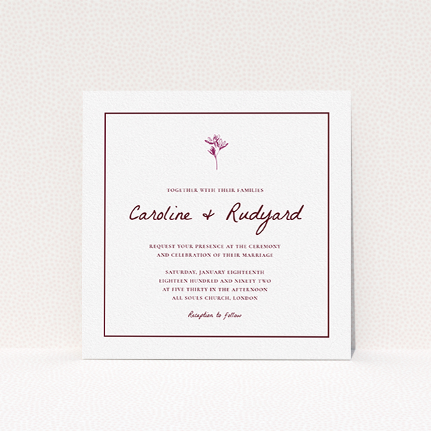 A personalised wedding invite design called "My little daisy". It is a square (148mm x 148mm) invite in a square orientation. "My little daisy" is available as a flat invite, with mainly white colouring.