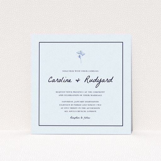 A personalised wedding invite design named "My little daisy". It is a square (148mm x 148mm) invite in a square orientation. "My little daisy" is available as a flat invite, with mainly white colouring.