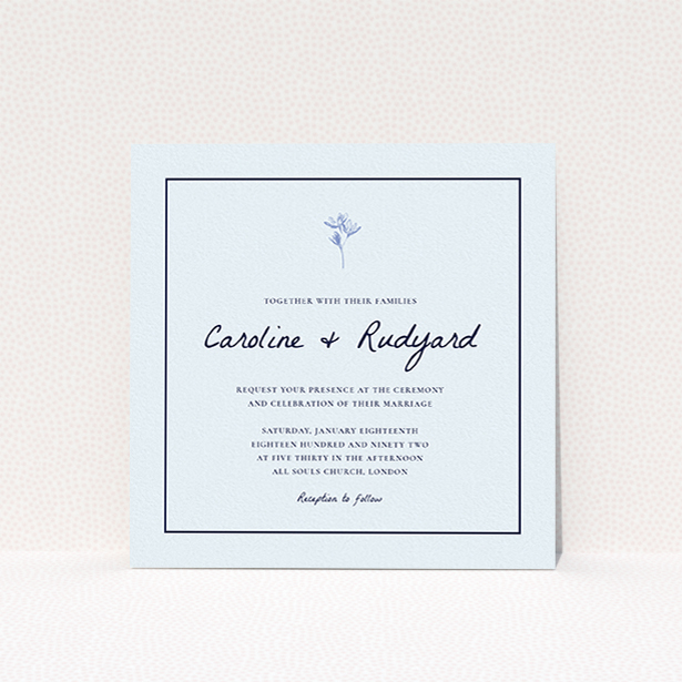 A personalised wedding invite design named "My little daisy". It is a square (148mm x 148mm) invite in a square orientation. "My little daisy" is available as a flat invite, with mainly white colouring.