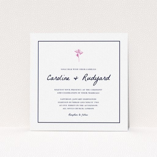 A personalised wedding invite named "My little daisy". It is a square (148mm x 148mm) invite in a square orientation. "My little daisy" is available as a flat invite, with tones of white and pink.