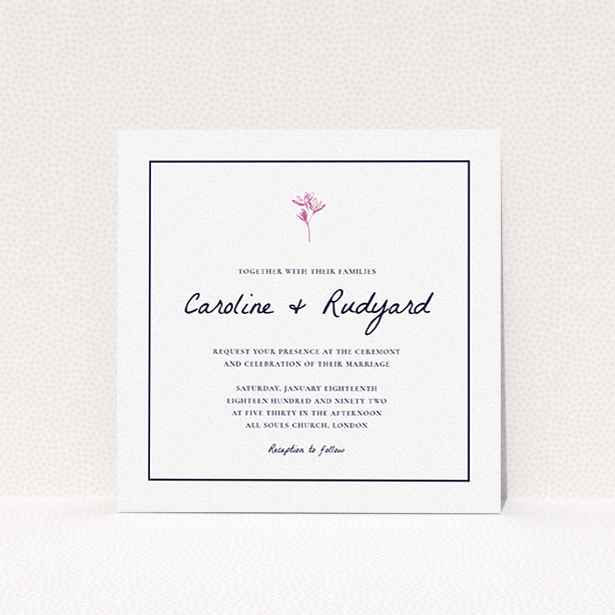 A personalised wedding invite named "My little daisy". It is a square (148mm x 148mm) invite in a square orientation. "My little daisy" is available as a flat invite, with tones of white and pink.