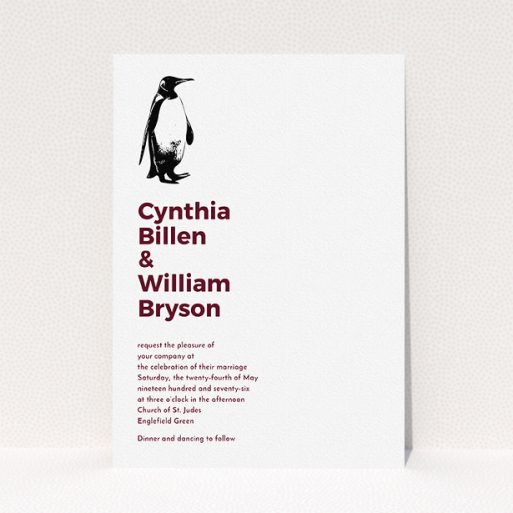 A personalised wedding invite named "My little penguin". It is an A5 invite in a portrait orientation. "My little penguin" is available as a flat invite, with tones of white and burgundy.
