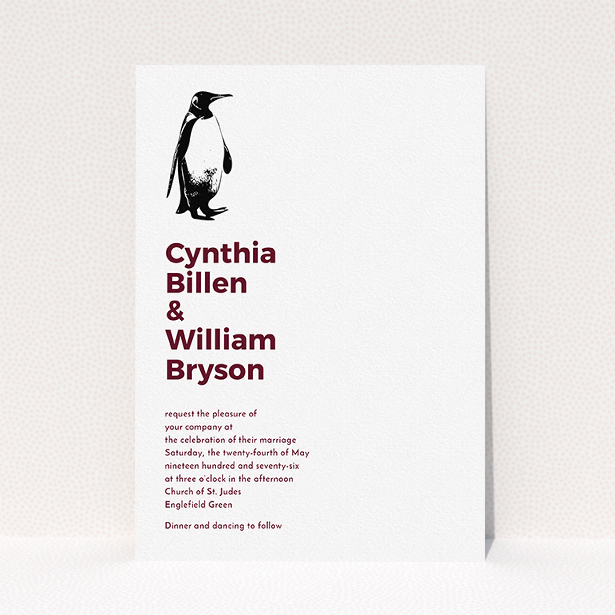 A personalised wedding invite named "My little penguin". It is an A5 invite in a portrait orientation. "My little penguin" is available as a flat invite, with tones of white and burgundy.