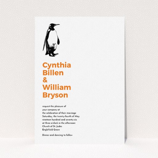 A personalised wedding invite design called "My little penguin". It is an A5 invite in a portrait orientation. "My little penguin" is available as a flat invite, with tones of white and orange.