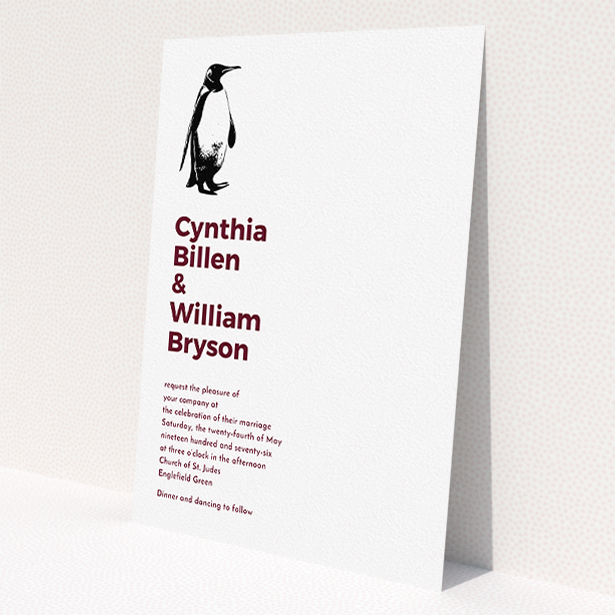 A personalised wedding invite named 'My little penguin'. It is an A5 invite in a portrait orientation. 'My little penguin' is available as a flat invite, with tones of white and burgundy.