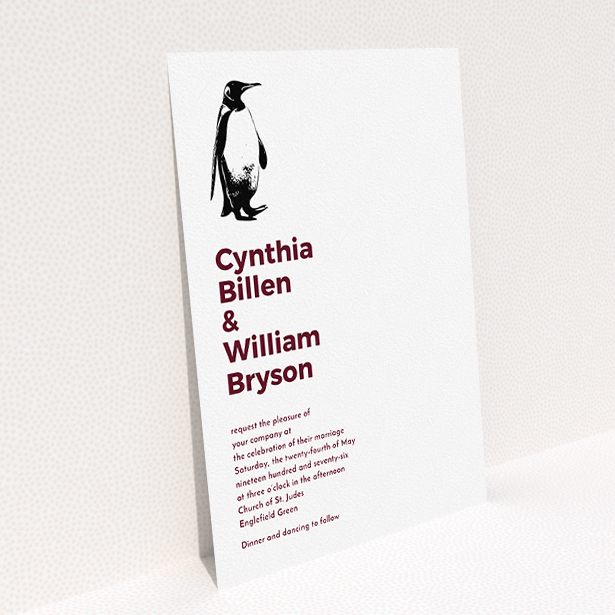 A personalised wedding invite named "My little penguin". It is an A5 invite in a portrait orientation. "My little penguin" is available as a flat invite, with tones of white and burgundy.