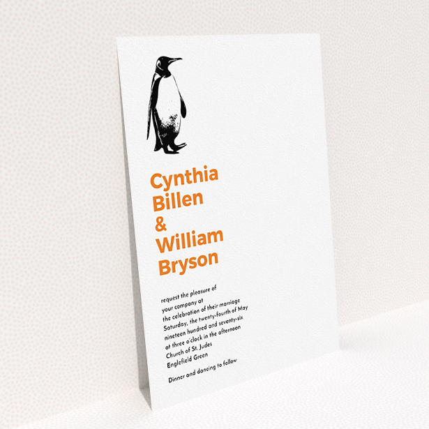 A personalised wedding invite design called "My little penguin". It is an A5 invite in a portrait orientation. "My little penguin" is available as a flat invite, with tones of white and orange.