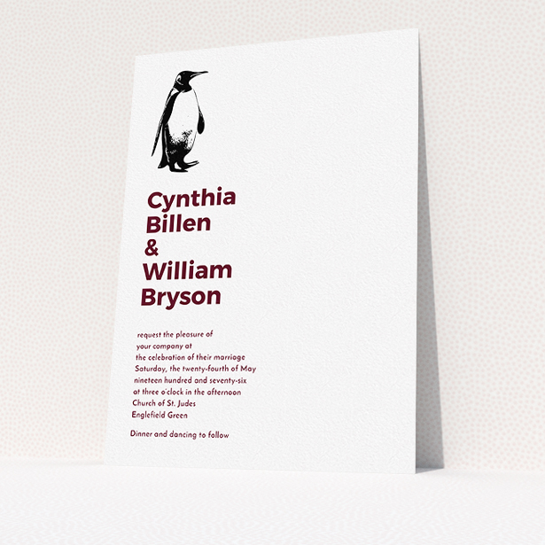 A personalised wedding invite named "My little penguin". It is an A5 invite in a portrait orientation. "My little penguin" is available as a flat invite, with tones of white and burgundy.