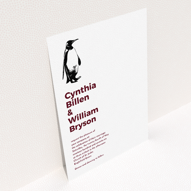 A personalised wedding invite named "My little penguin". It is an A5 invite in a portrait orientation. "My little penguin" is available as a flat invite, with tones of white and burgundy.