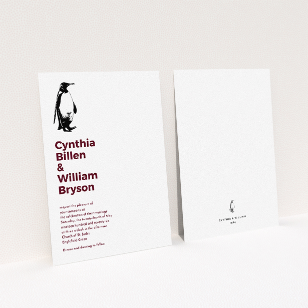 A personalised wedding invite named "My little penguin". It is an A5 invite in a portrait orientation. "My little penguin" is available as a flat invite, with tones of white and burgundy.