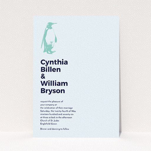A personalised wedding invite design titled "My little penguin". It is an A6 invite in a portrait orientation. "My little penguin" is available as a flat invite, with mainly blue colouring.