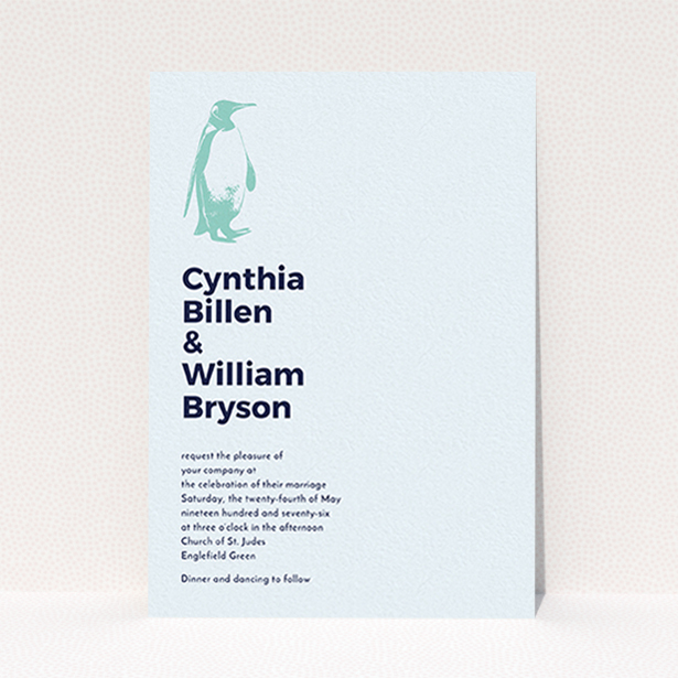 A personalised wedding invite design titled "My little penguin". It is an A6 invite in a portrait orientation. "My little penguin" is available as a flat invite, with mainly blue colouring.