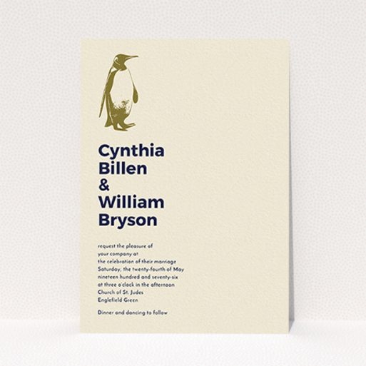 A personalised wedding invite called "My little penguin". It is an A6 invite in a portrait orientation. "My little penguin" is available as a flat invite, with mainly dark cream colouring.