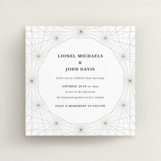A personalised wedding invite named "Nautical Map". It is a square (148mm x 148mm) invite in a square orientation. "Nautical Map" is available as a flat invite, with tones of black and white.