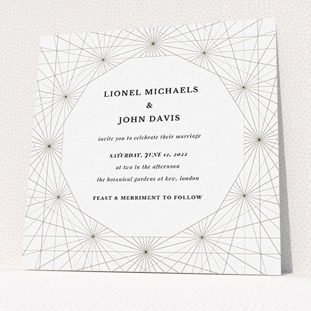 A personalised wedding invite named "Nautical Map". It is a square (148mm x 148mm) invite in a square orientation. "Nautical Map" is available as a flat invite, with tones of black and white.