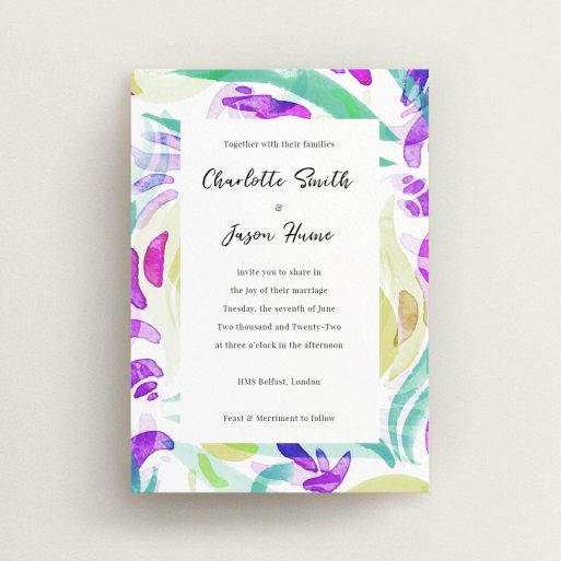 A personalised wedding invite called "Neon Florals". It is an A6 invite in a portrait orientation. "Neon Florals" is available as a flat invite, with tones of white and green.