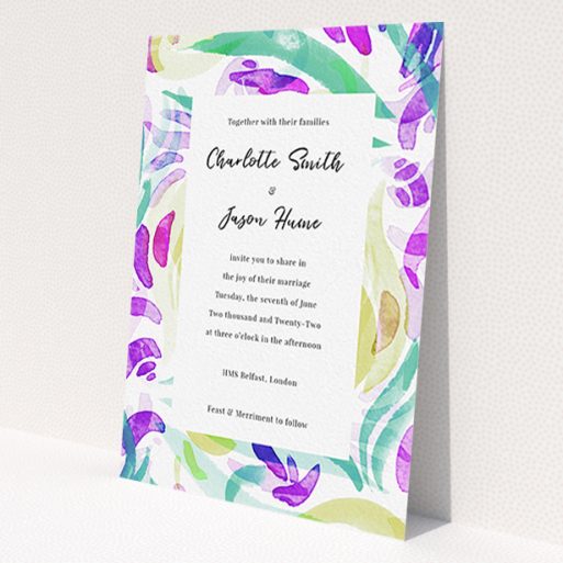 A personalised wedding invite called 'Neon Florals'. It is an A6 invite in a portrait orientation. 'Neon Florals' is available as a flat invite, with tones of white and green.